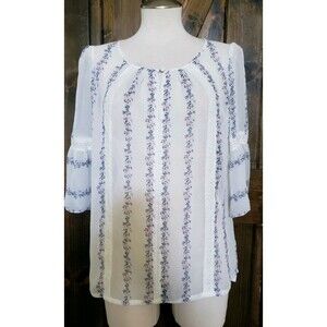 Lauren Conrad Top Size Small Boho Floral Keyhole Sheer White Blue Pink Blouse
